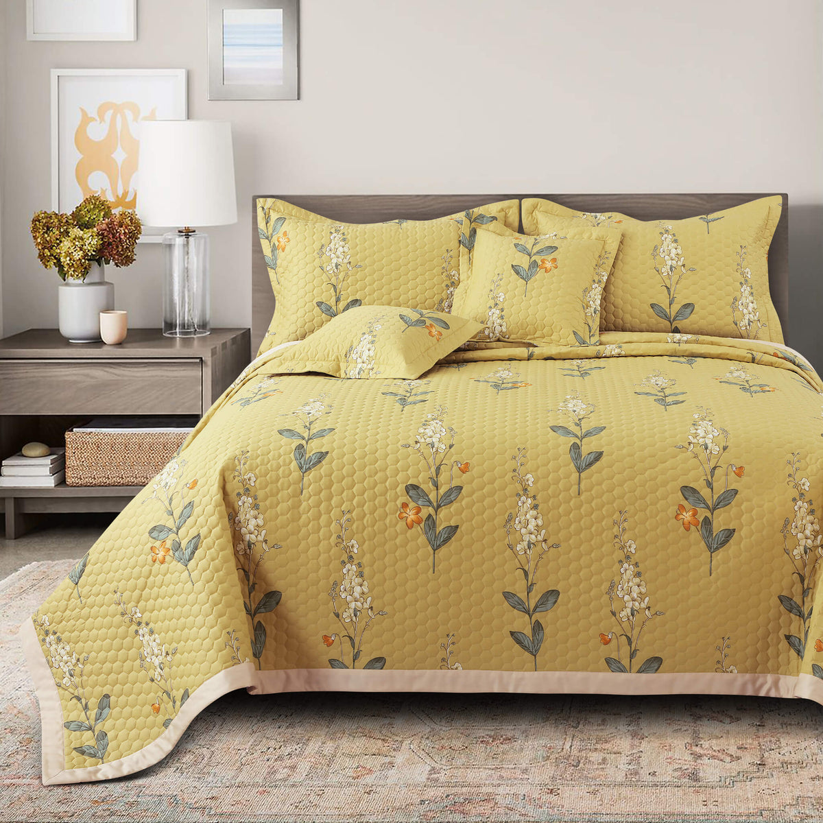 Malako Royale Yellow Botanical 100% Cotton King Size Quilted Bedspread - MALAKO