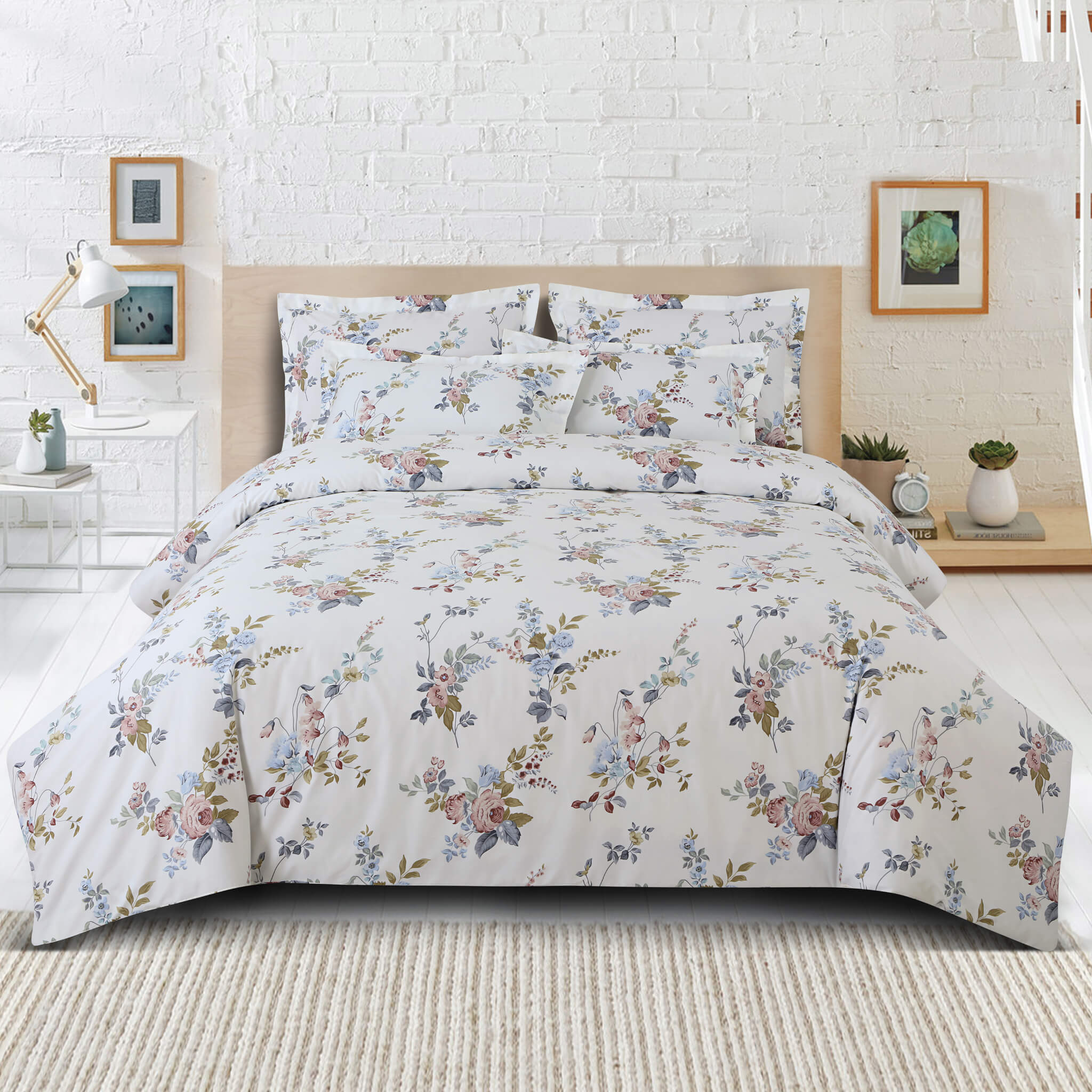 Malako Sion 500 TC 100% Cotton White Floral King Size Bedding - MALAKO