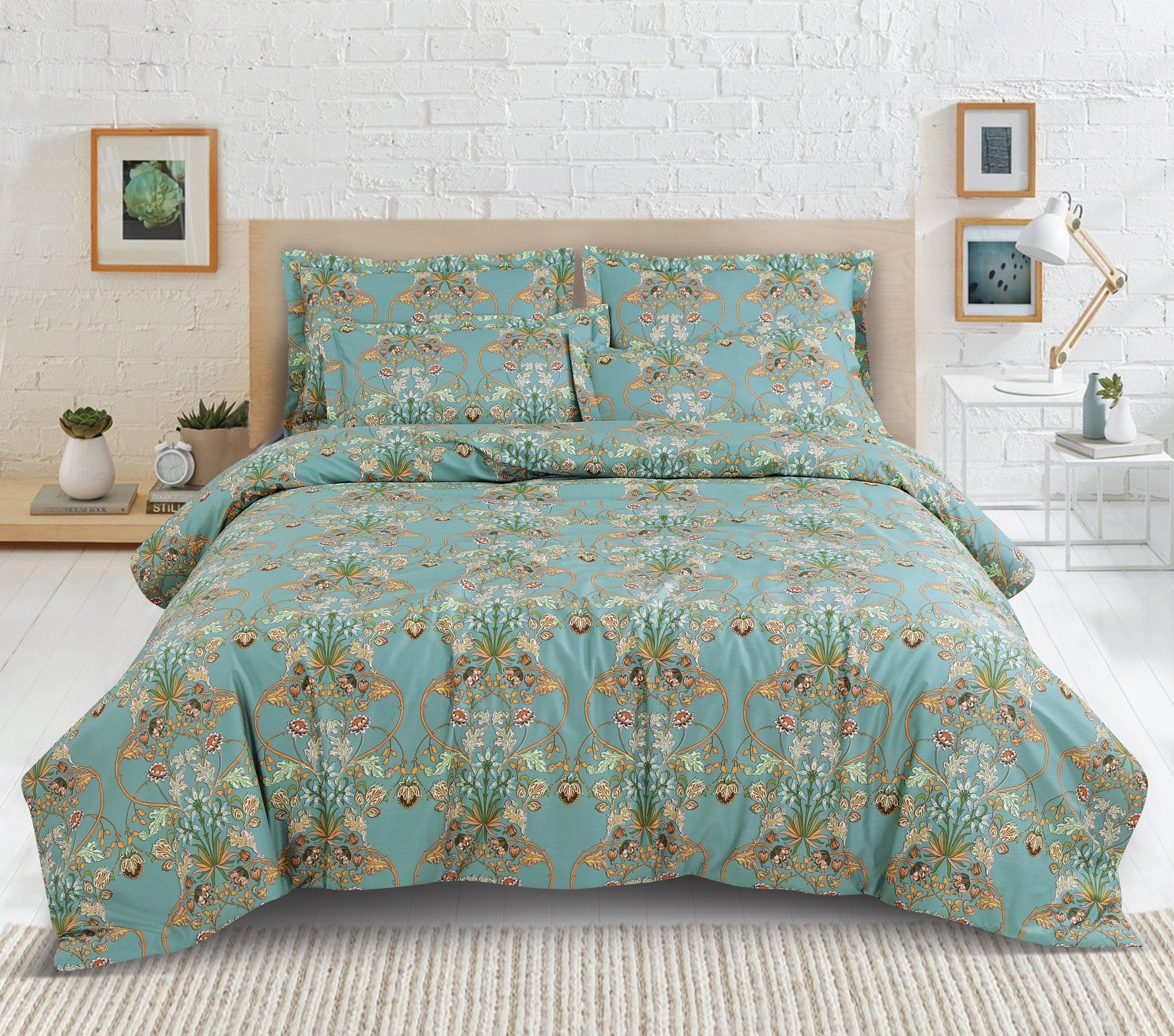 Malako Sion 500TC Egyptian Cotton Forrest Green Botanic Bed Sheet/Comforter Set - MALAKO