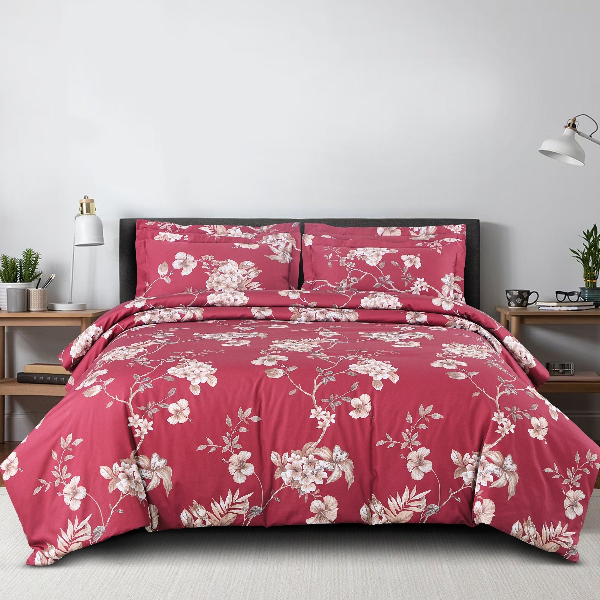 Malako Sion 500TC Egyptian Cotton Red Botanic Bed Sheet/Comforter Set - MALAKO