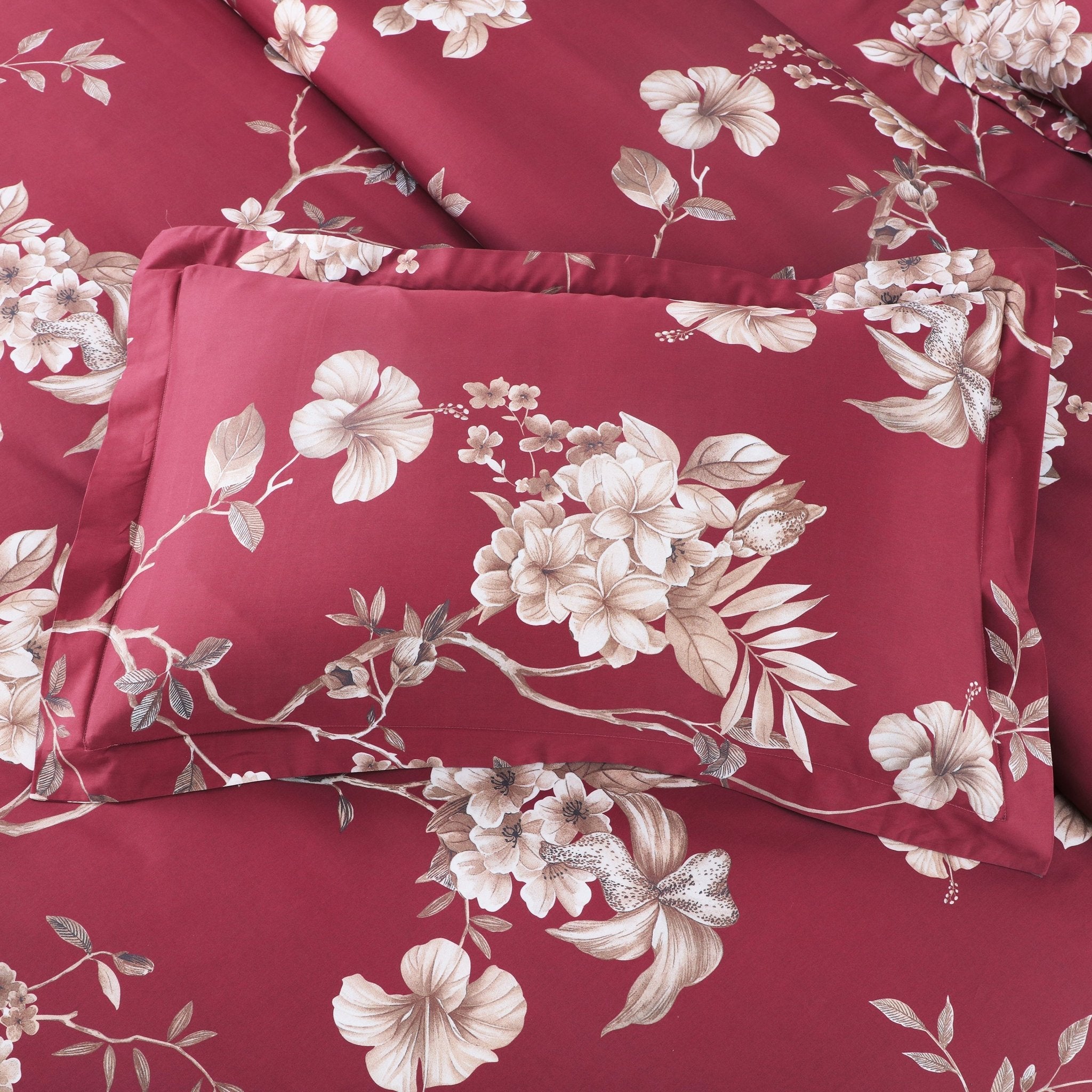 Malako Sion 500TC Egyptian Cotton Red Botanic Bed Sheet/Comforter Set - MALAKO