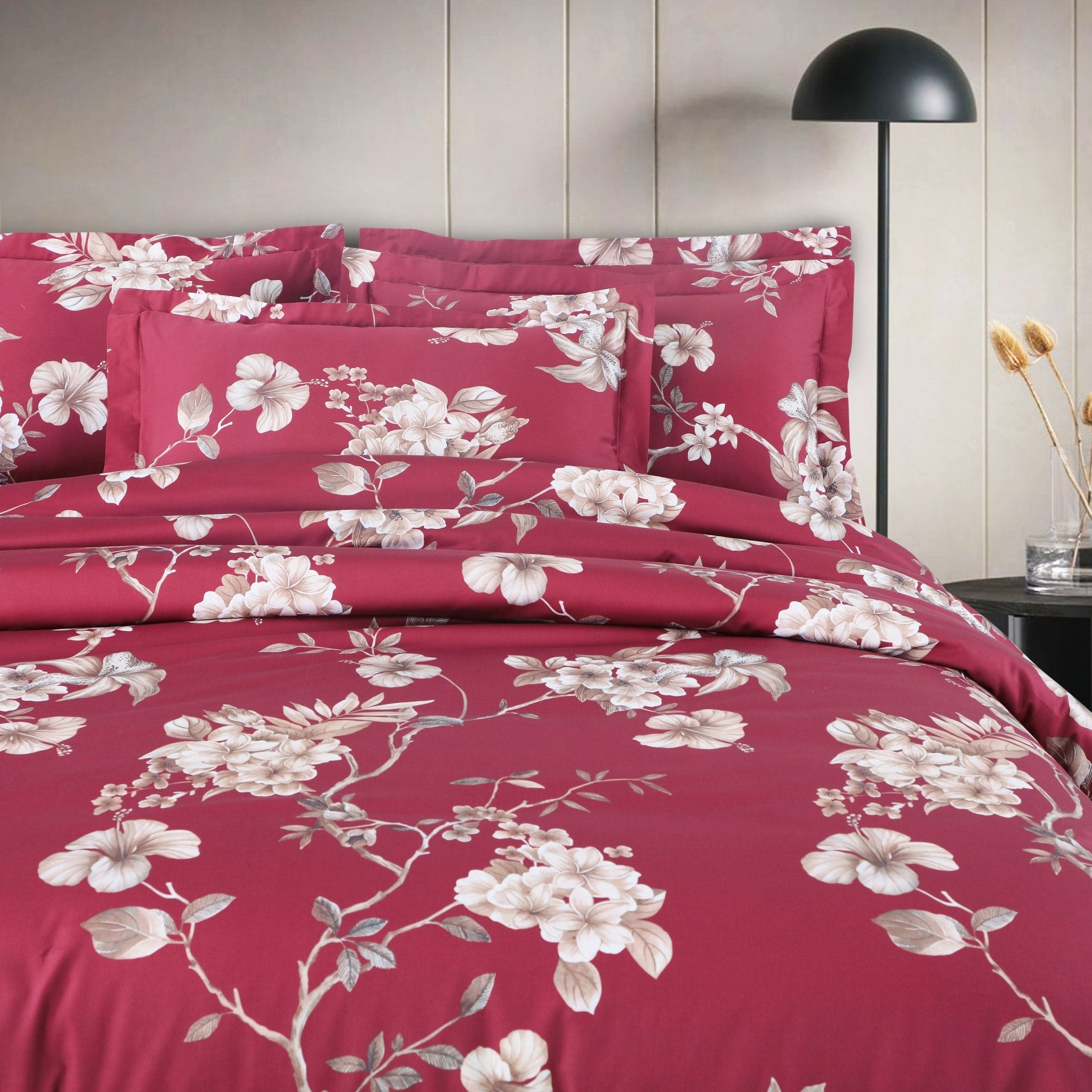 Malako Sion 500TC Egyptian Cotton Red Botanic Bed Sheet/Comforter Set - MALAKO
