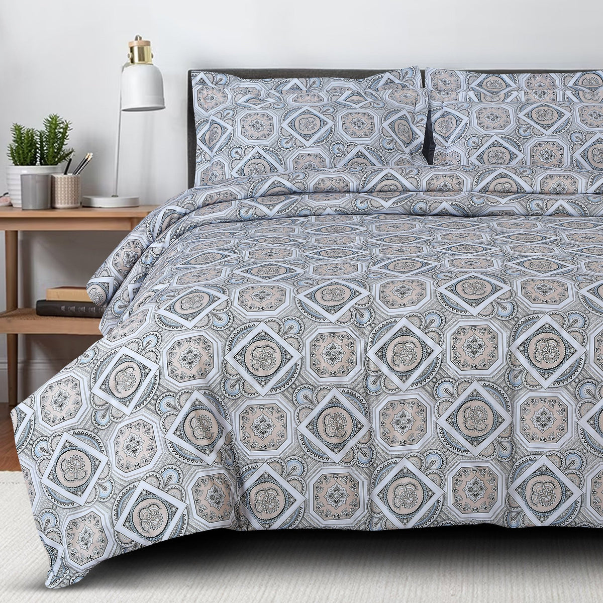 Malako Sion 500TC Egyptian Cotton White Abstract Bed Sheet/Comforter Set - MALAKO