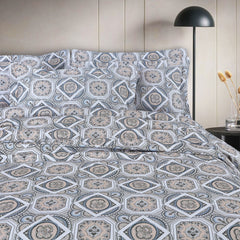 Malako Sion 500TC Egyptian Cotton White Abstract Bed Sheet/Comforter Set - MALAKO