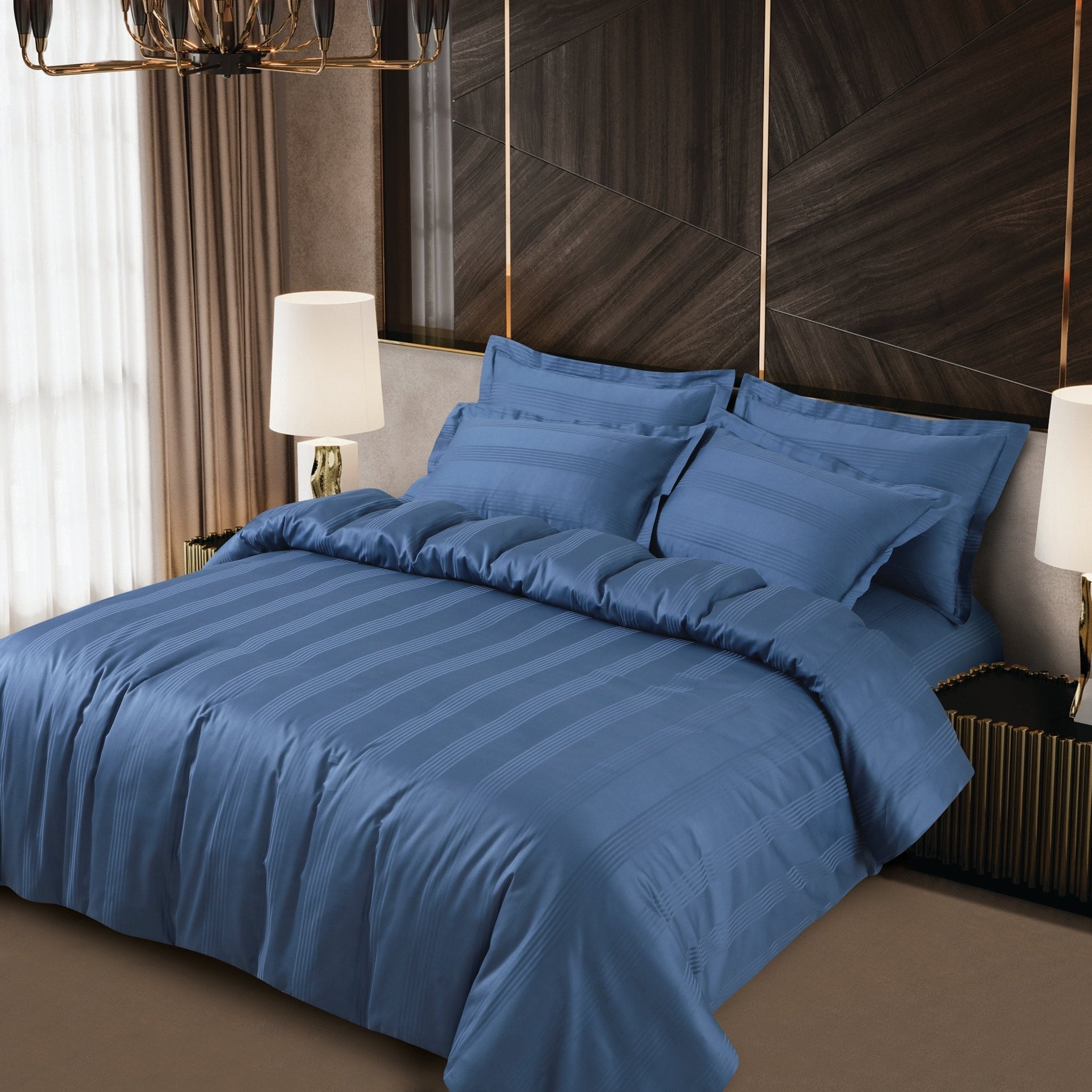 Malako Turin Jacquard Blue Stripes 450 TC 100% Cotton King Size Bedding 6 Piece Comforter Set - MALAKO