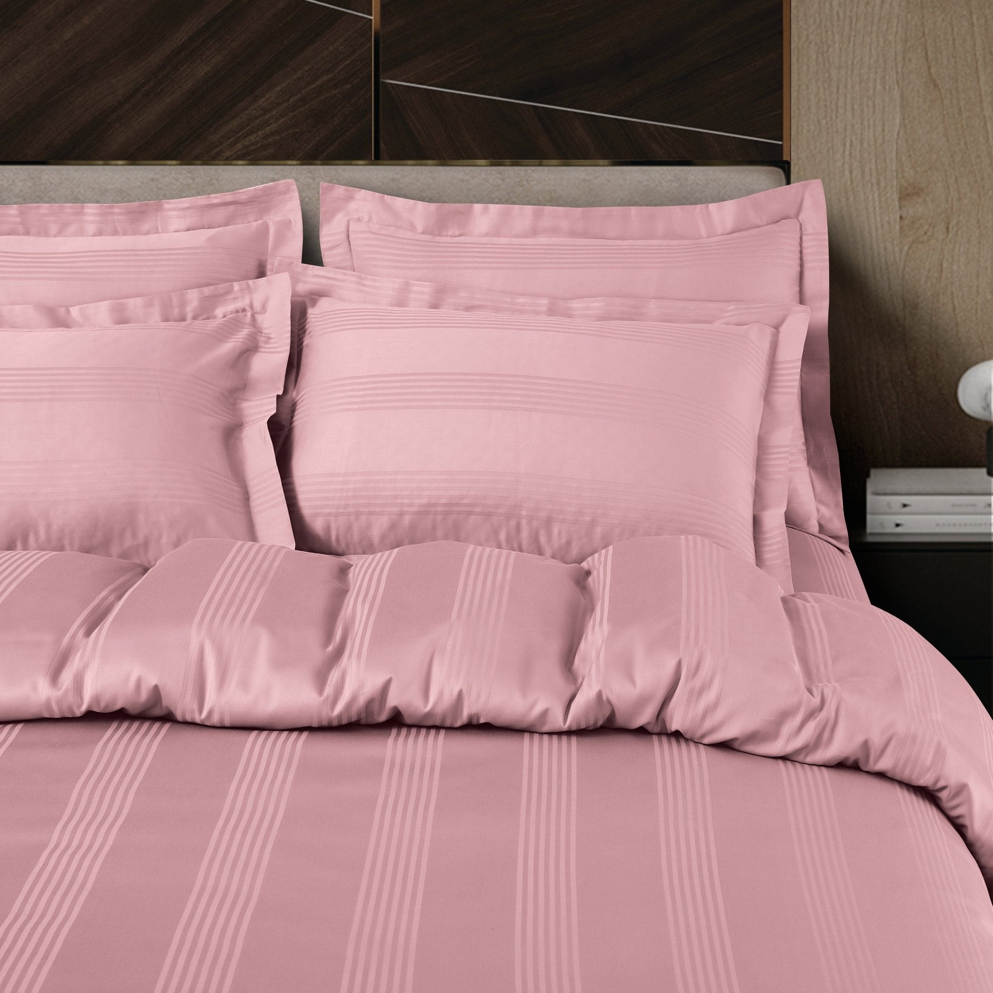 Malako Turin Jacquard Rose Pink Stripes 450 TC 100% Cotton King Size 7 Piece Duvet Cover Set - MALAKO