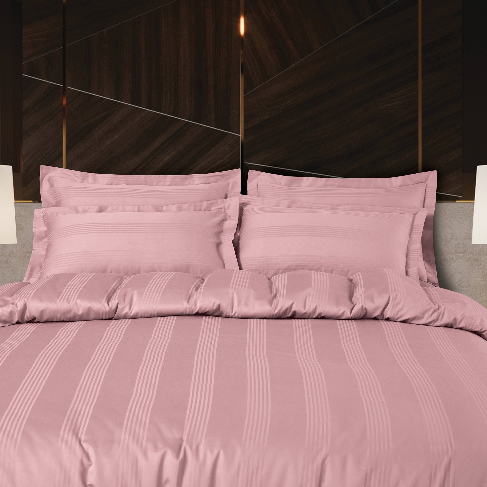 Malako Turin Jacquard Rose Pink Stripes 450 TC 100% Cotton King Size 7 Piece Duvet Cover Set - MALAKO