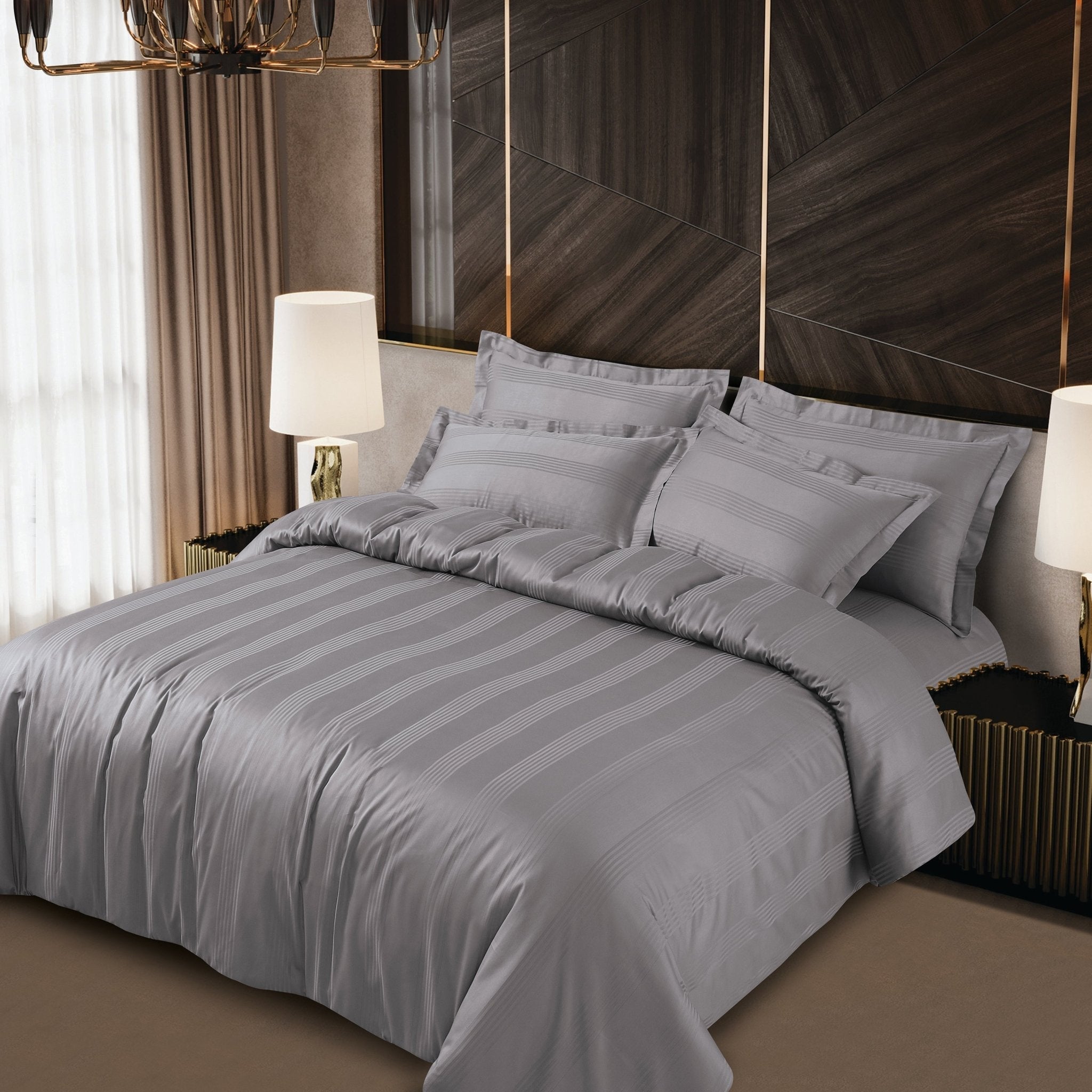 Malako Turin Jacquard Silver Grey Stripes 450 TC 100% Cotton King Size 6 Piece Comforter Set - MALAKO