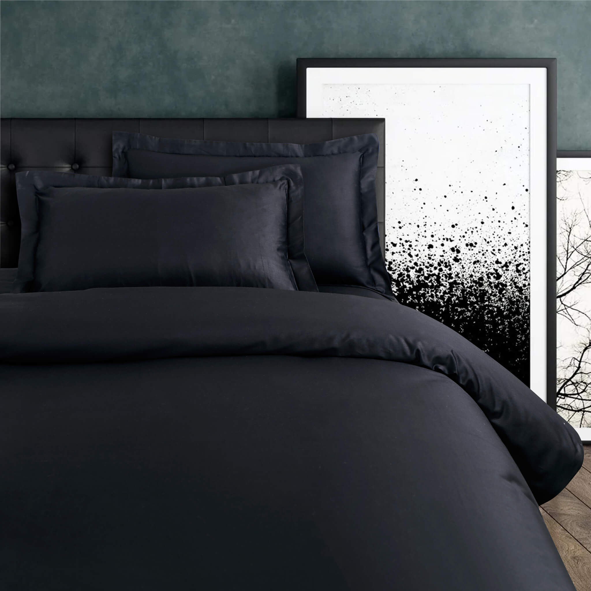 Malako Vibrant Solid Black 500 TC King Size 100% Cotton Bed Sheet With 2 Plain Pillow Covers - MALAKO