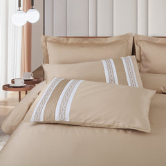Malako Vivid Beige Embroidered 500 TC 100% Cotton King Size Bed Sheet with 4 Pillow Covers - MALAKO