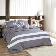 Malako Vivid Pewter Grey Striped Plain 500 TC 100% Cotton King Size 8 Piece Duvet Cover Set - MALAKO