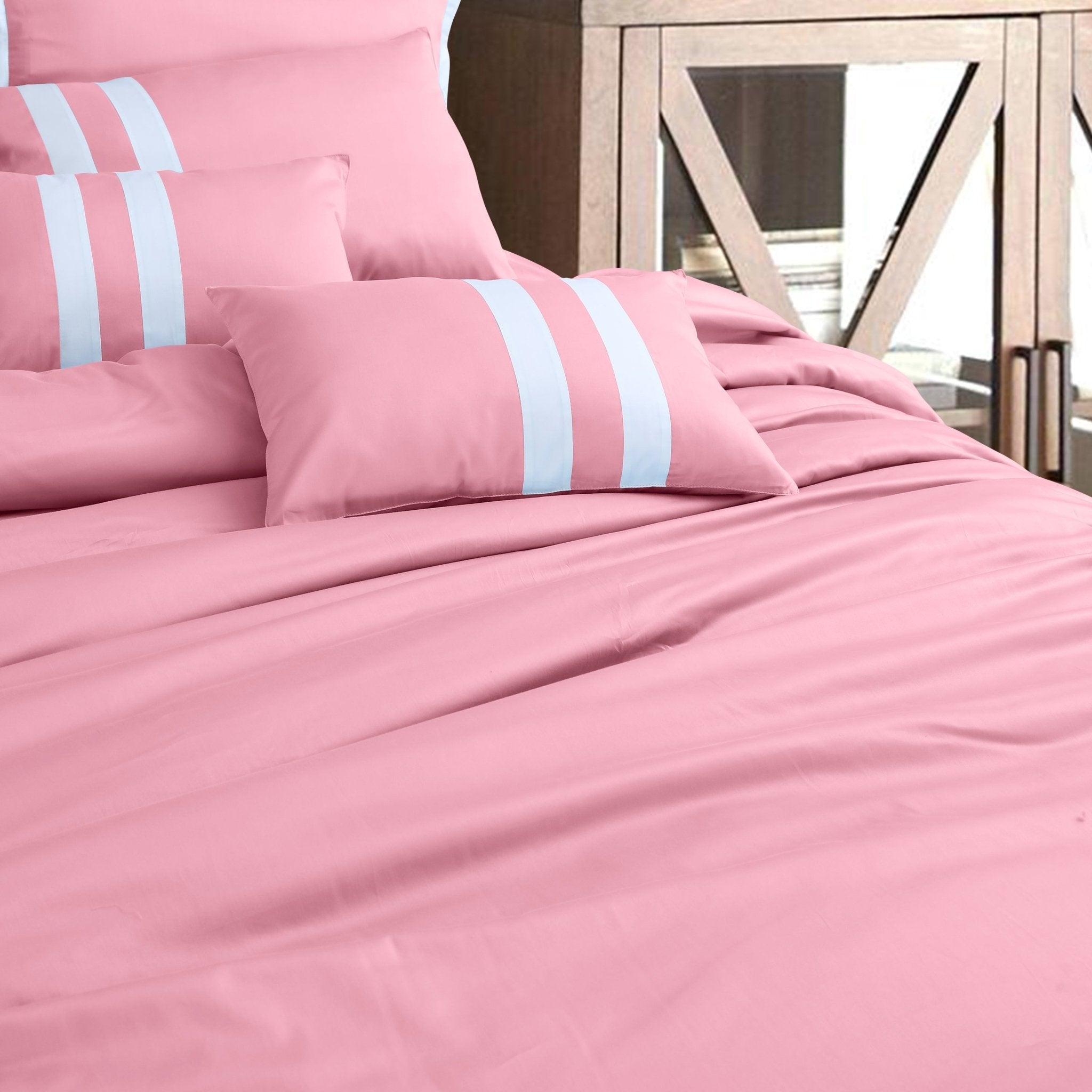 Malako Vivid Rose Pink Striped Plain 500 TC 100% Cotton King Size 8 Piece Duvet Cover Set - MALAKO