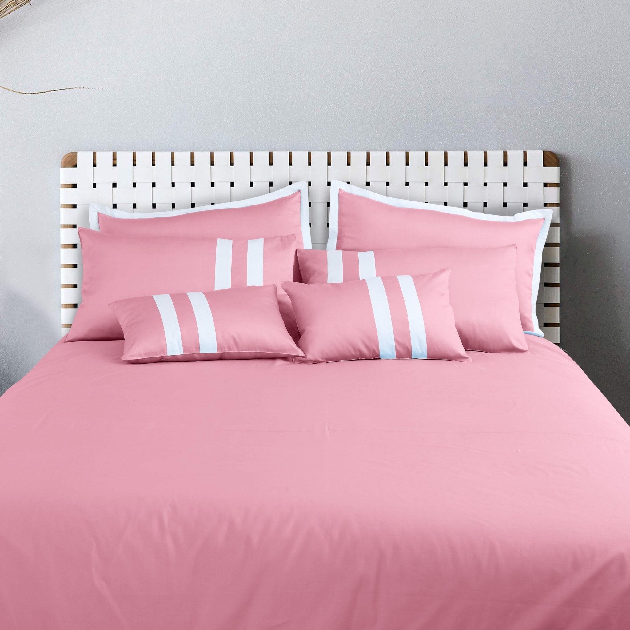 Malako Vivid Rose Pink Striped Plain 500 TC 100% Cotton King Size 8 Piece Duvet Cover Set - MALAKO