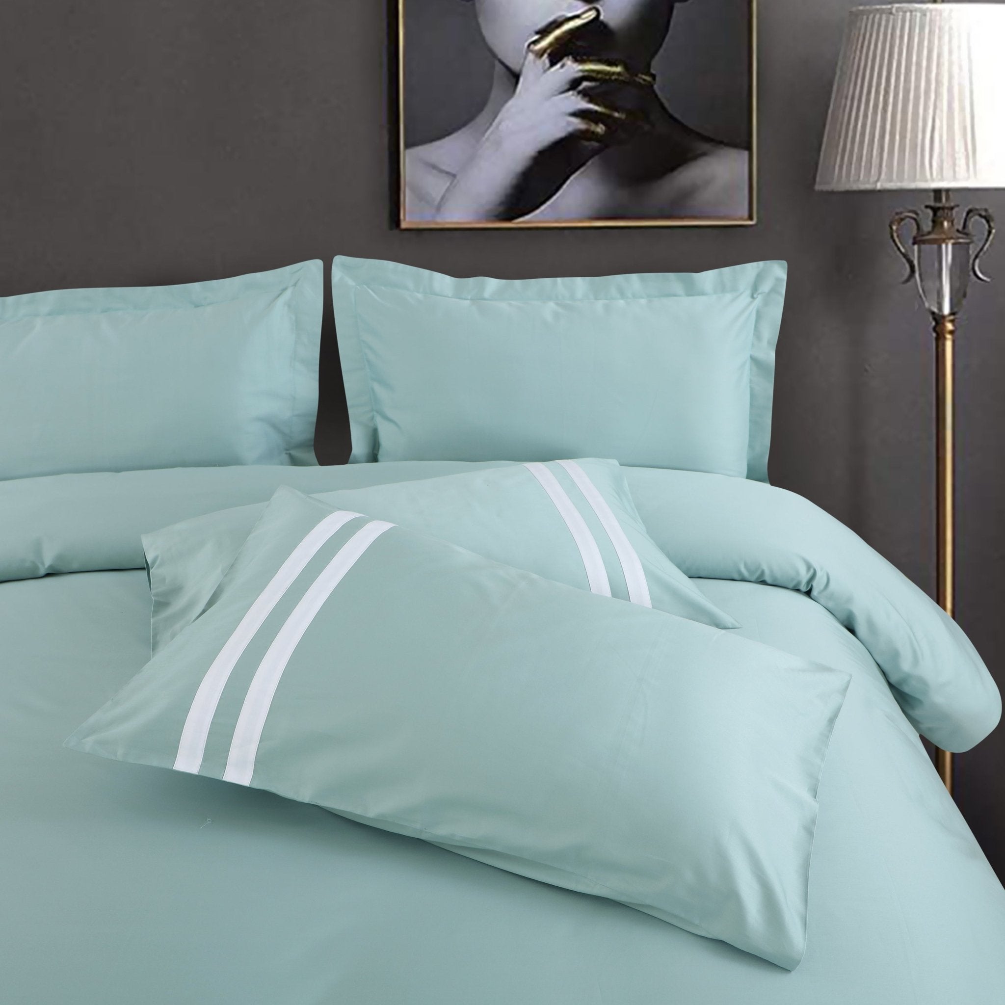 Malako Vivid Striped Solid Mint Green 500 TC King Size 100% Cotton Bed Sheet With 2 Plain Pillow Covers with Stripes - MALAKO