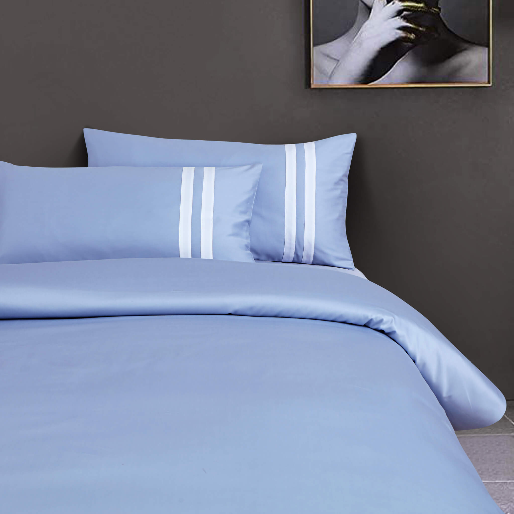 Malako Vivid Striped Solid Pigeon Blue 500 TC King Size 100% Cotton Bed Sheet With 2 Plain Pillow Covers with Stripes - MALAKO