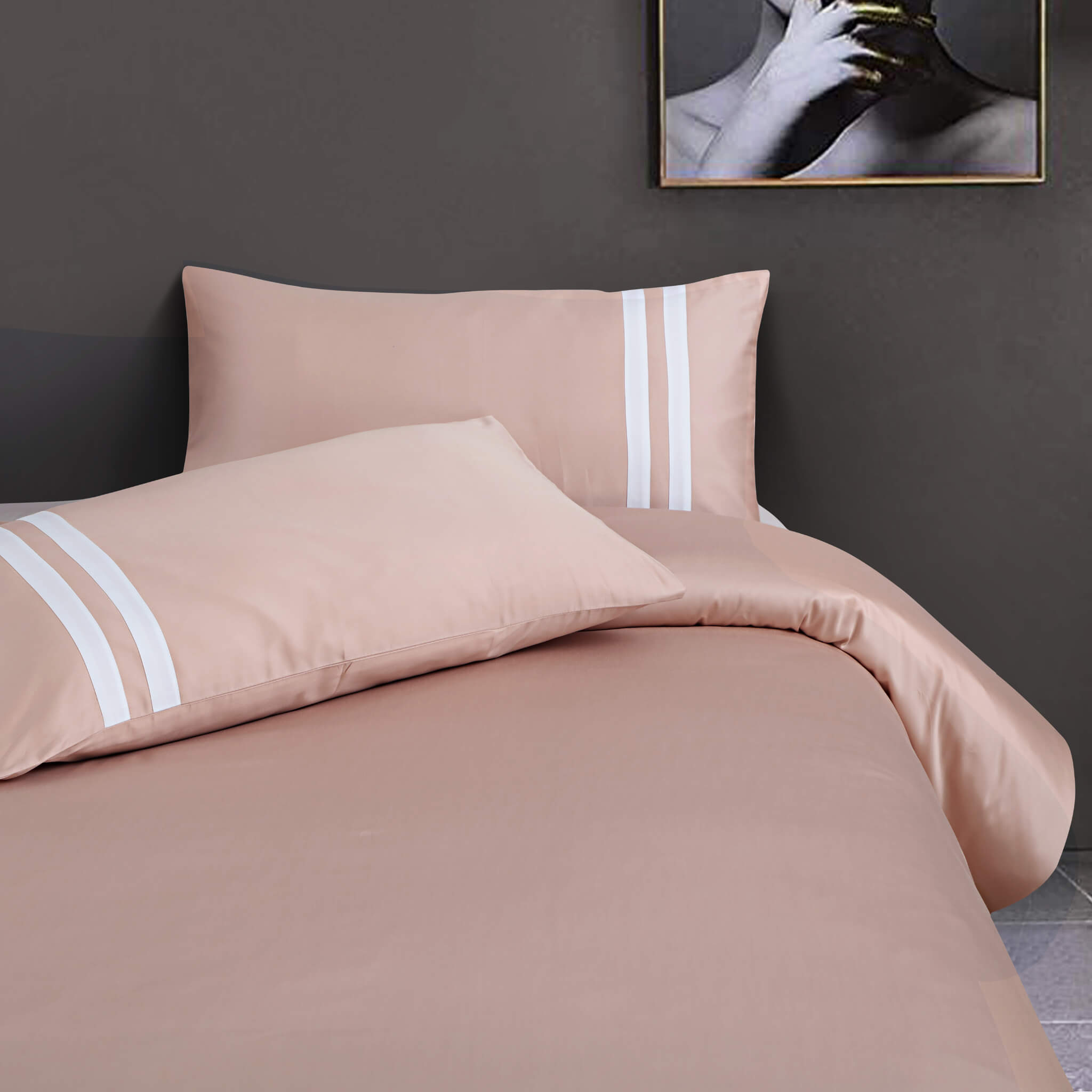 Malako Vivid Striped Solid Rose Beige 500 TC King Size 100% Cotton Bed Sheet With 2 Plain Pillow Covers with Stripes - MALAKO