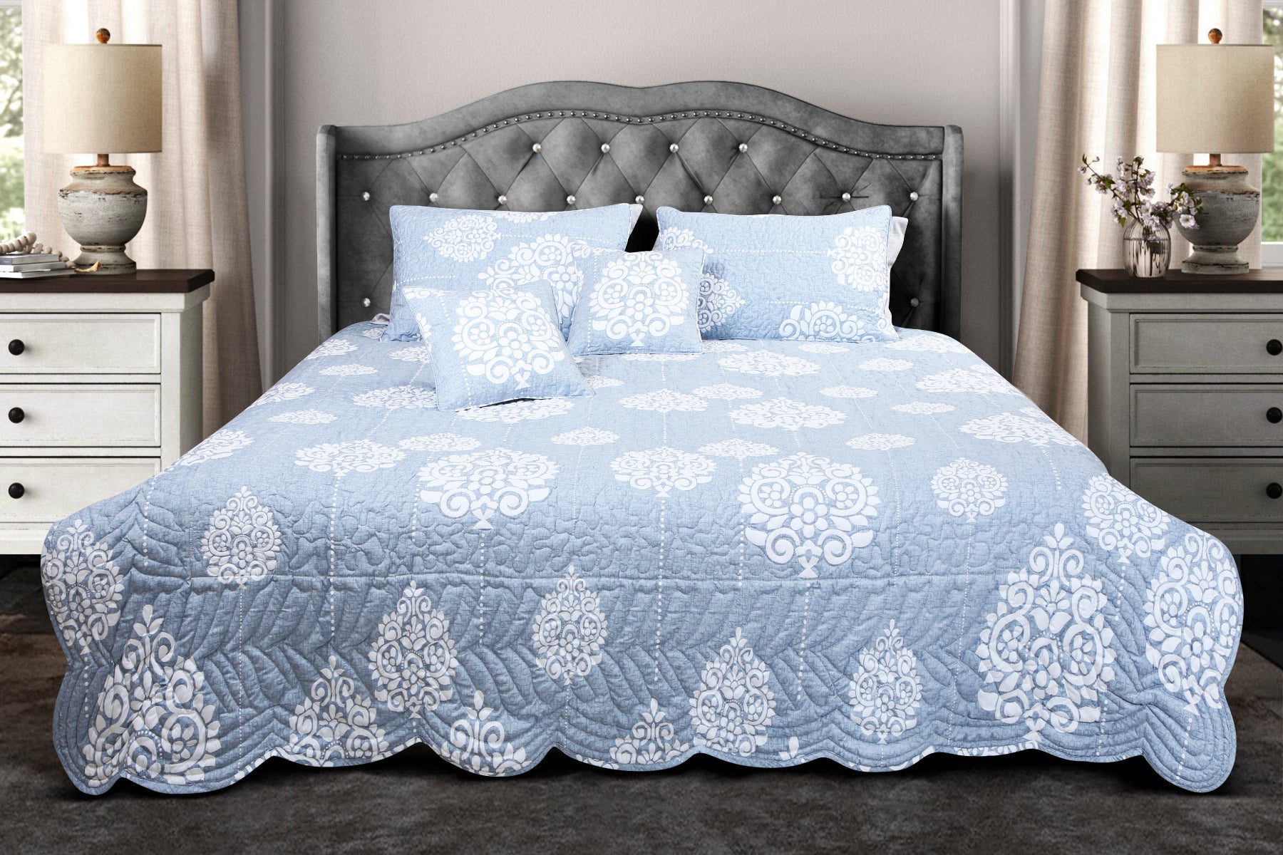 Petal Soft Quilted Bed Cover - Blue Ethnic 100% Cotton King Size Bedspread - MALAKO